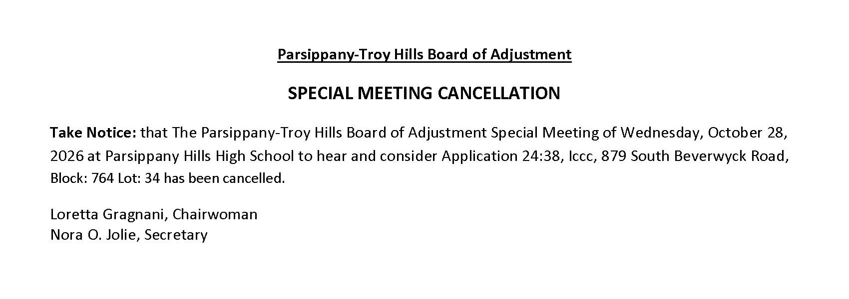 Special Meeting - Zoning Board of Adjustment - CANCELLED